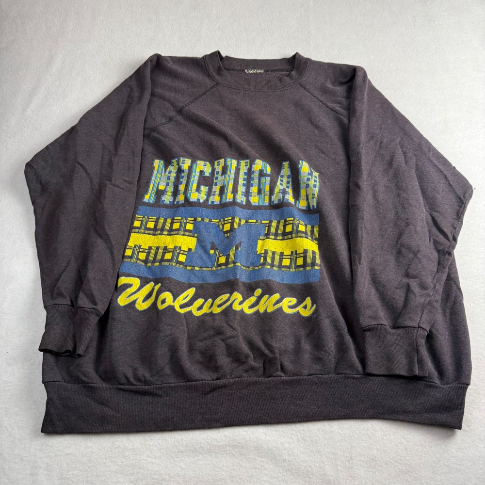 Vintage Michigan Wolverines Sweatshirt Graphic Raglan Crewneck Faded Black XL